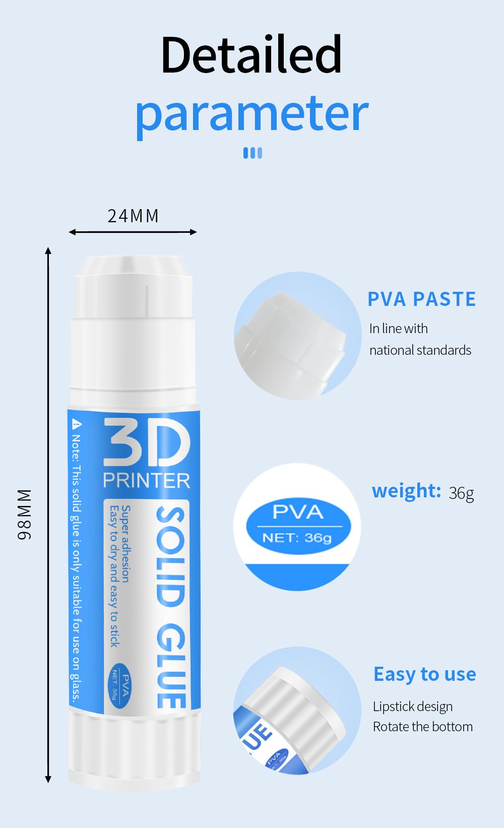 Solid Glue PVA Non-Toxic Glue Sticks , FOR 3D Printer Hot Bed