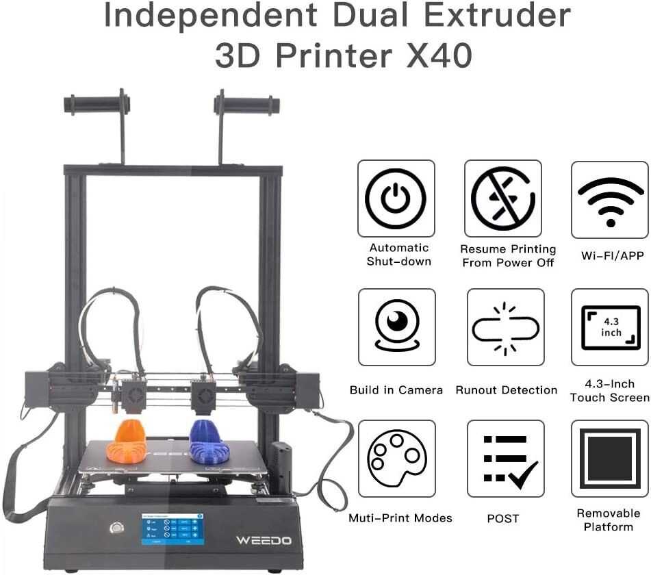 Entina WiFi 3D Printer Built-in Camera DUAL Independent Extruder, Fully Auto-Leveling X40 V2 300x300x400 mm - GreatDealsNV.com